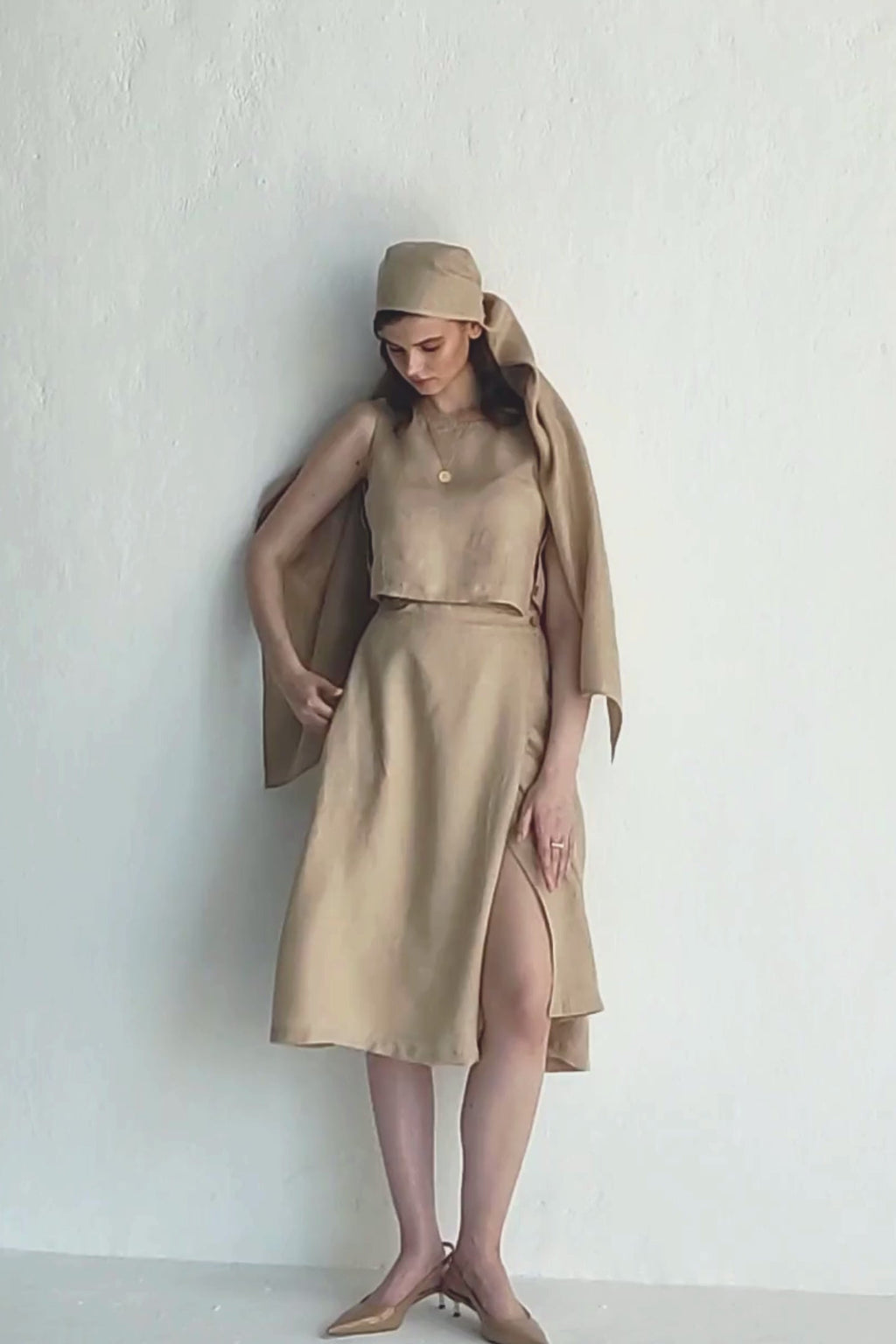 Overlap Midi Skirt in Neutral Beige