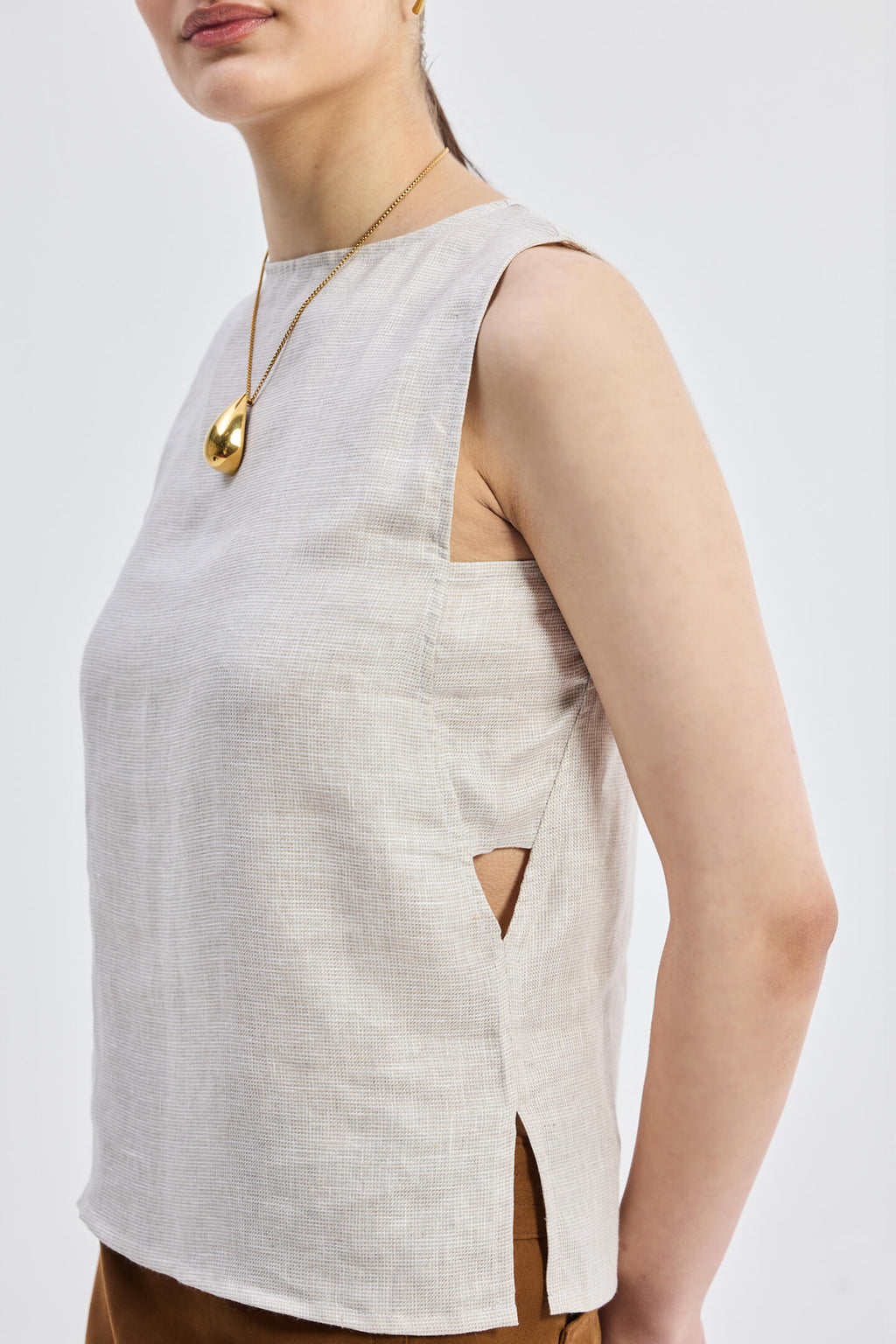 Boat Neck Top in Checkered Linen