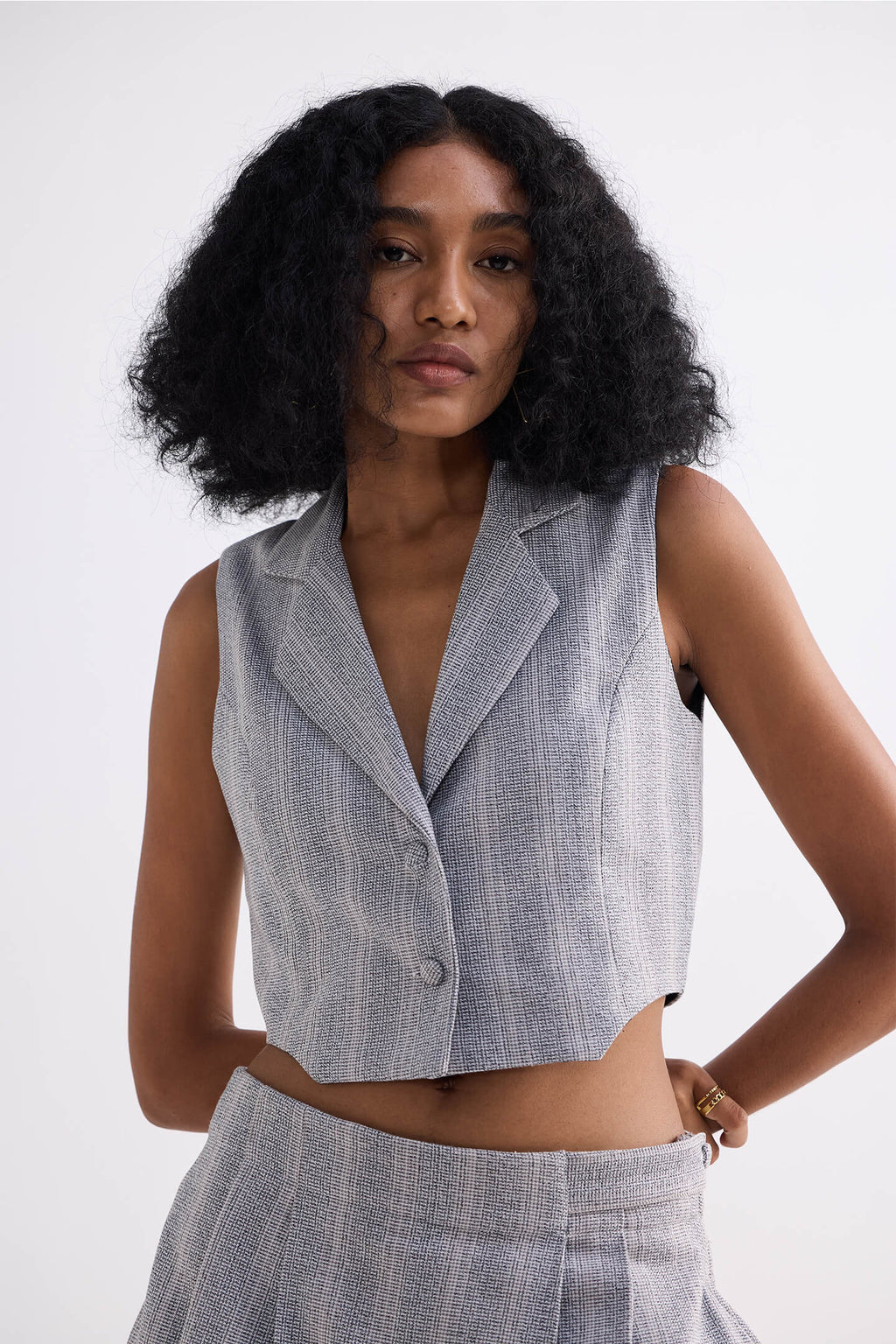 Cropped Cotton Tweed Vest in Grey