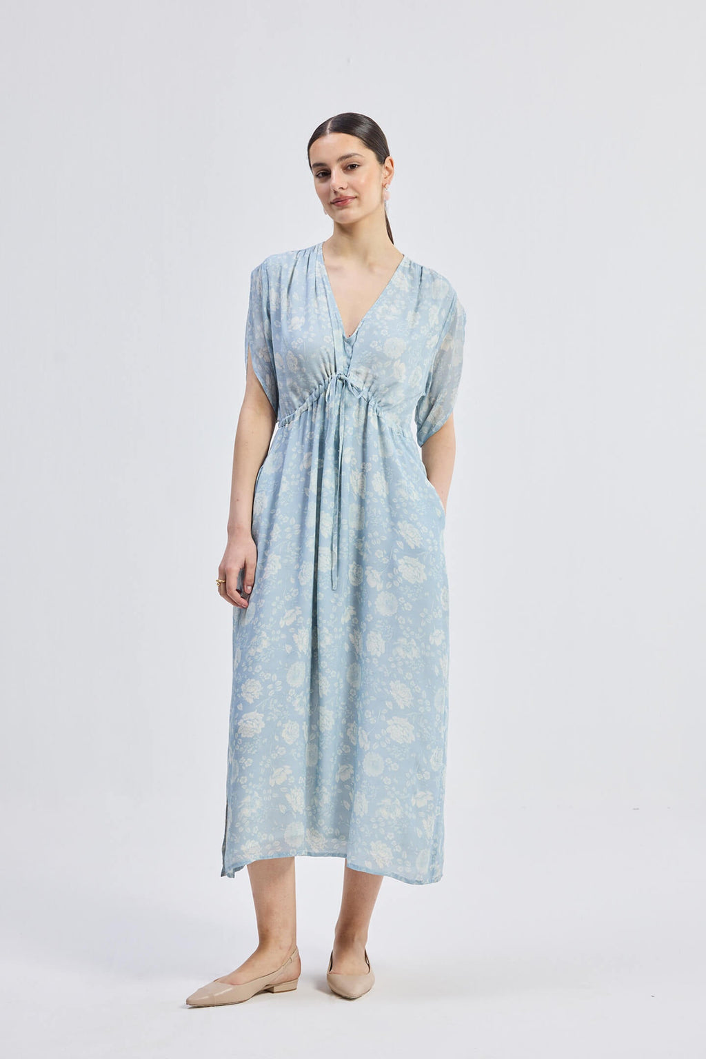 Gathered Maxi Dress with Drawstring in Blue Florals