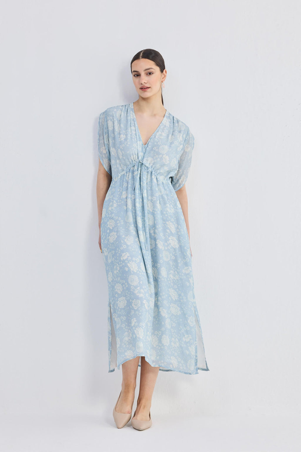 Gathered Maxi Dress with Drawstring in Blue Florals