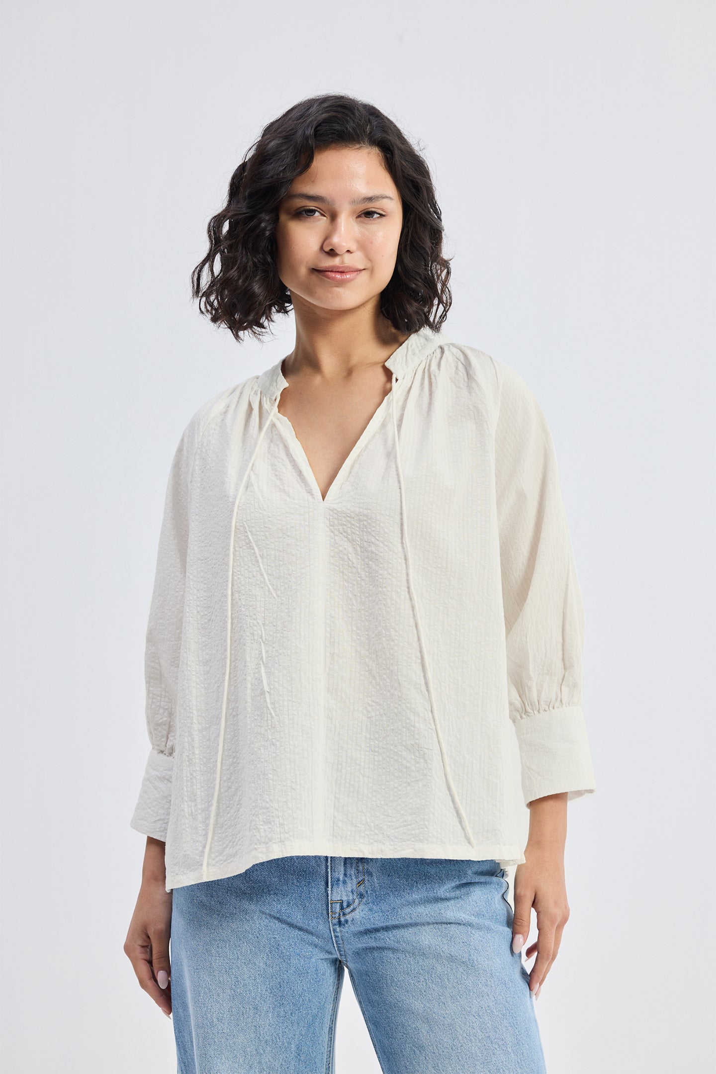 Relaxed Fit Top with Front-tie in Cream