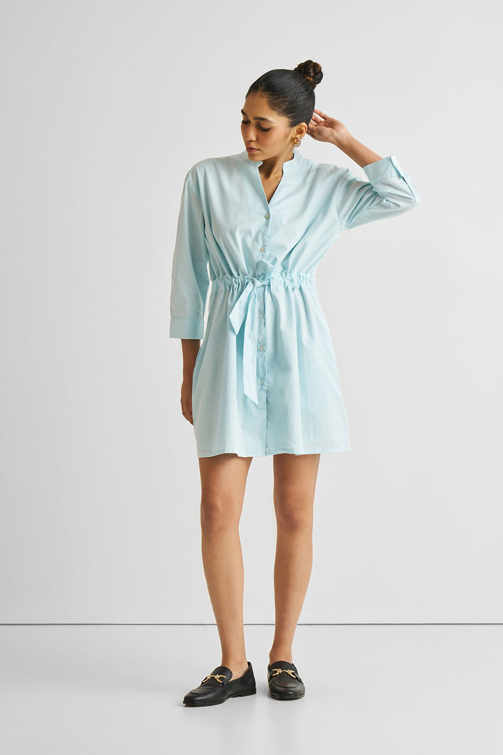 Short Tie Waist Dress in Summer Blue