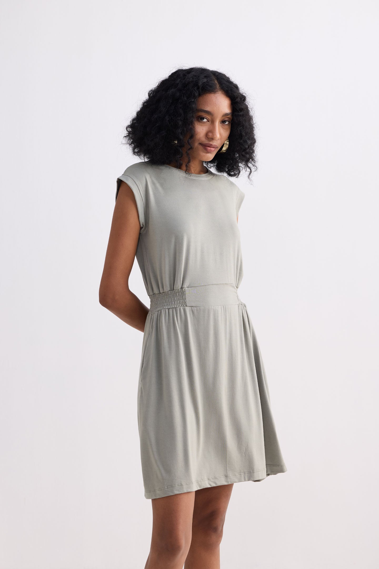 Short Dress With Smocking Side Detail in Light Olive