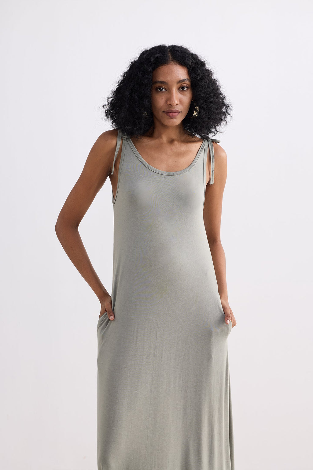 Tie-Detail Maxi Dress in Light Olive