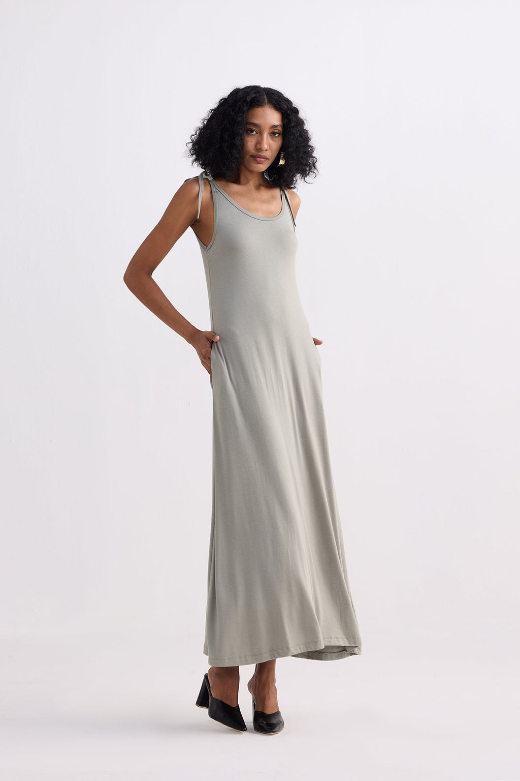 Tie-Detail Maxi Dress in Light Olive