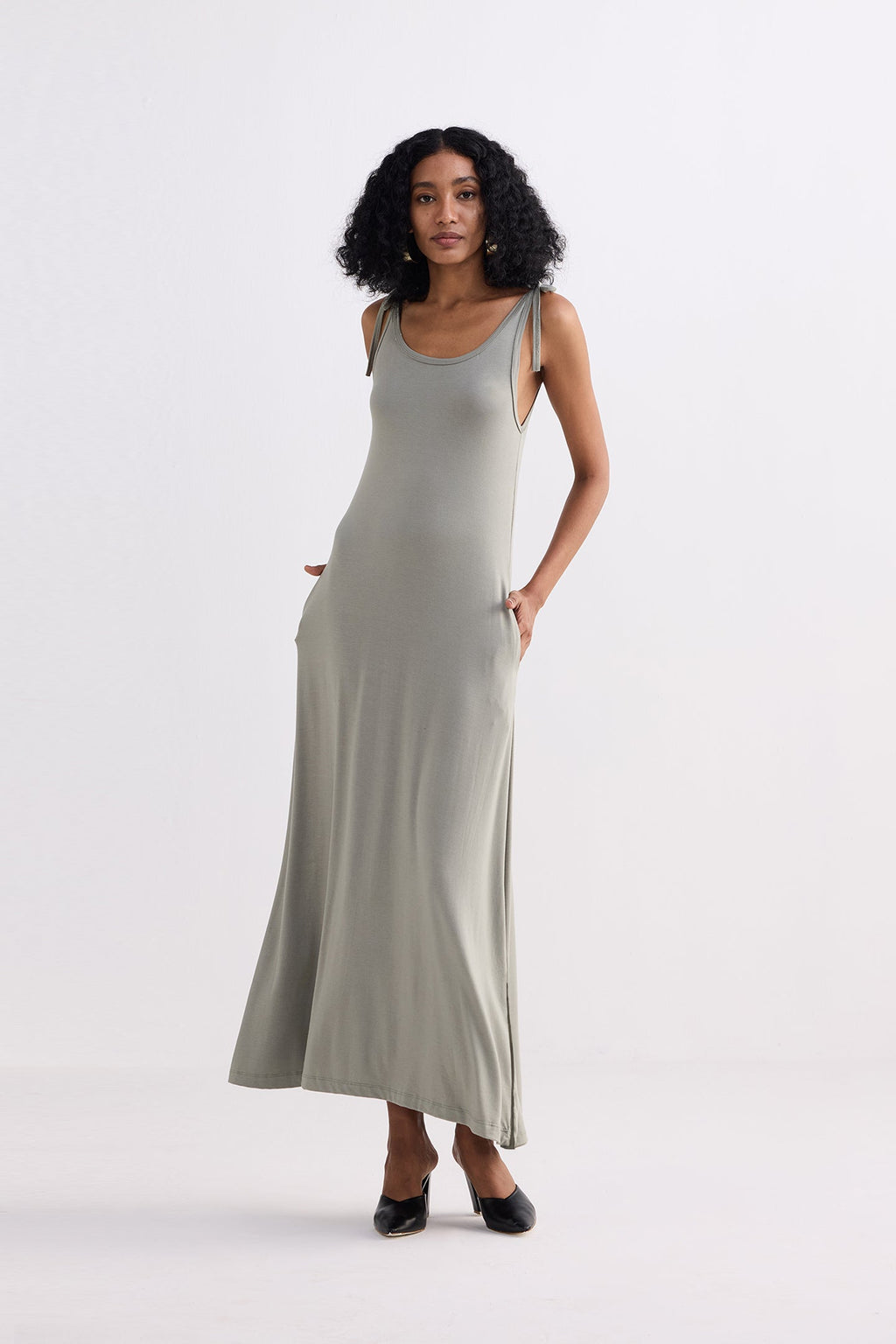 Tie-Detail Maxi Dress in Light Olive