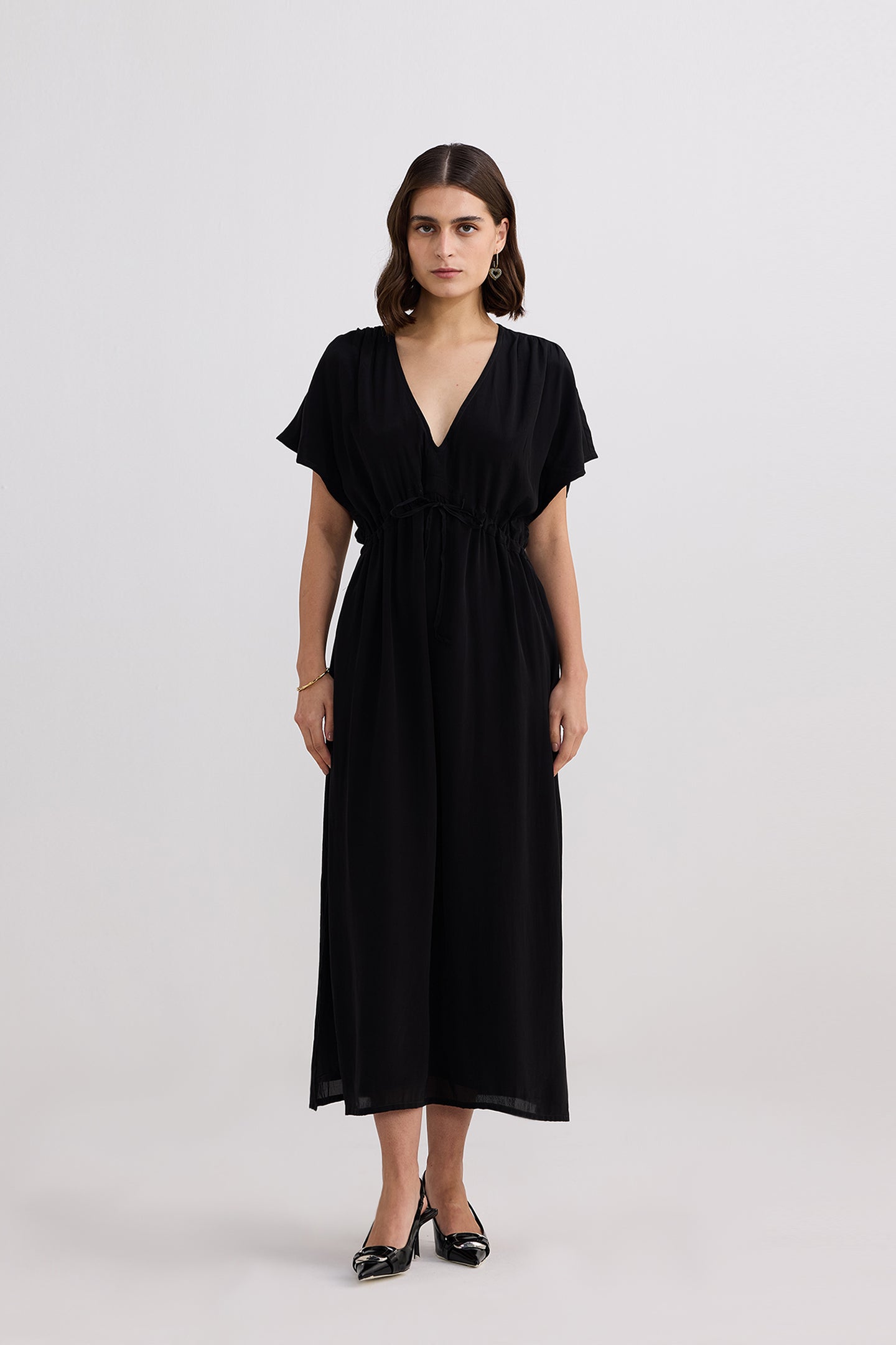 Oversized Gathered V-neck Maxi Dress in Black