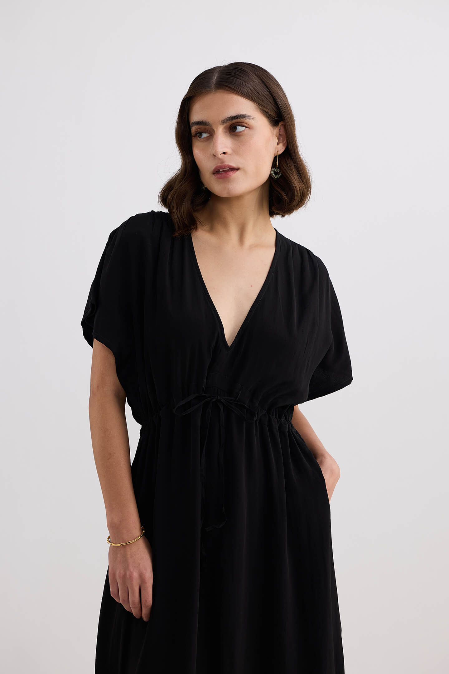 Oversized Gathered V-neck Maxi Dress in Black