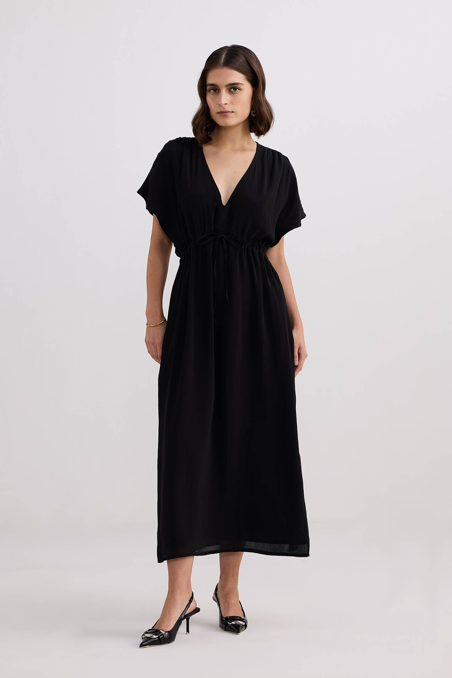 Oversized Gathered V-neck Maxi Dress in Black