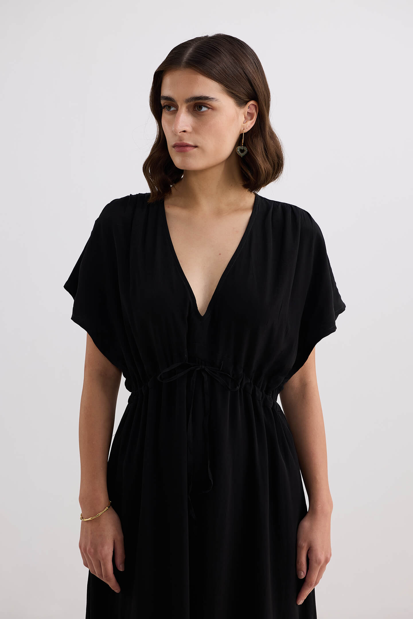 Oversized Gathered V-neck Maxi Dress in Black
