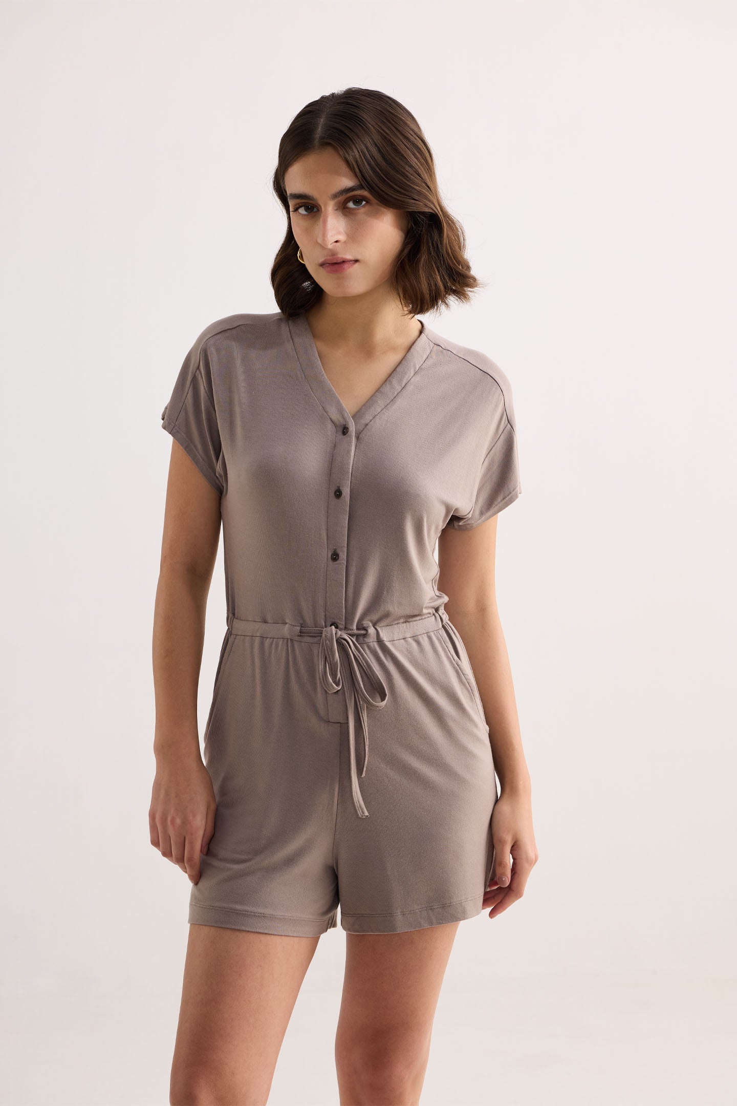 V-neck Drawstring Knit Romper in Dusty Brown