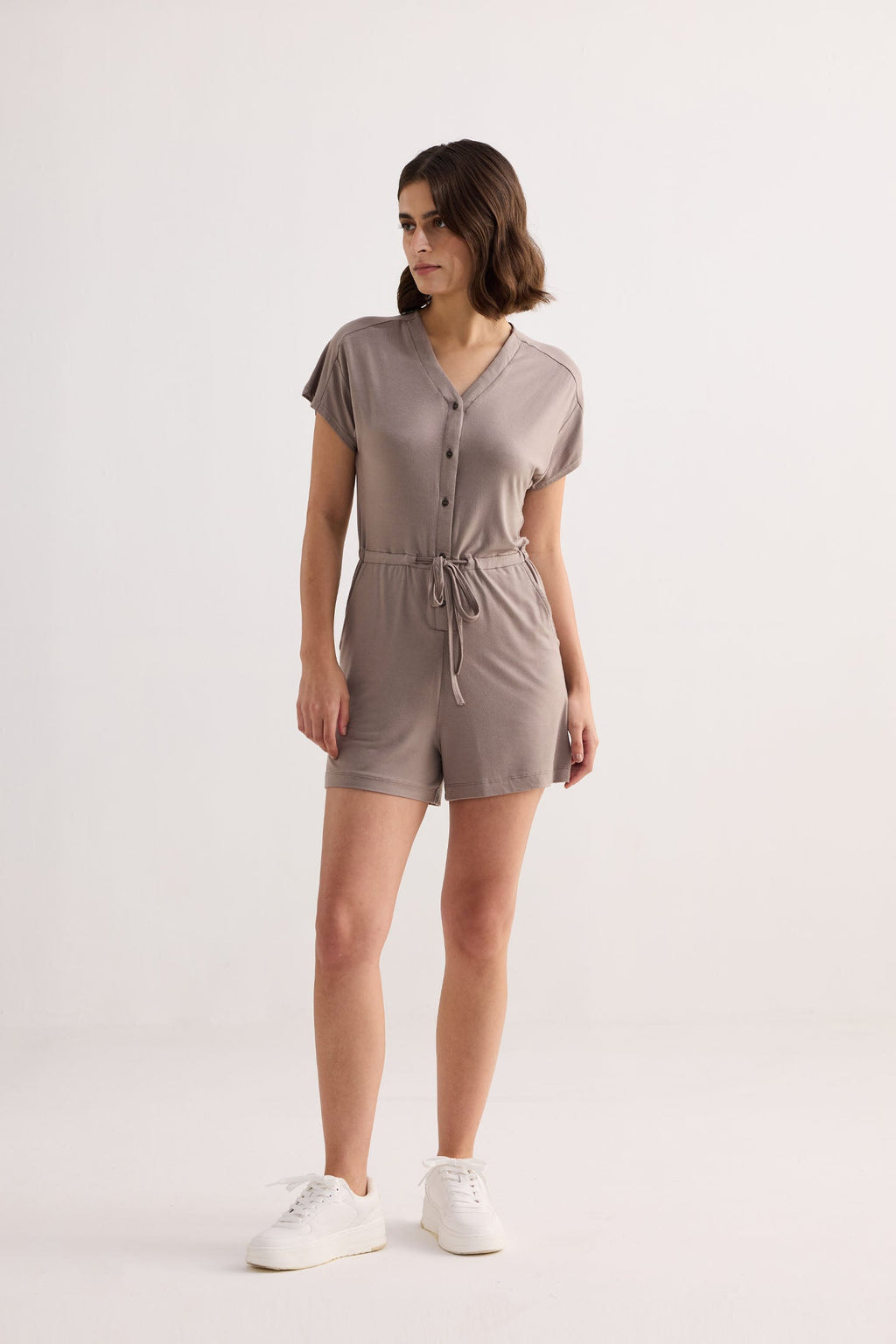 V-neck Drawstring Knit Romper in Dusty Brown