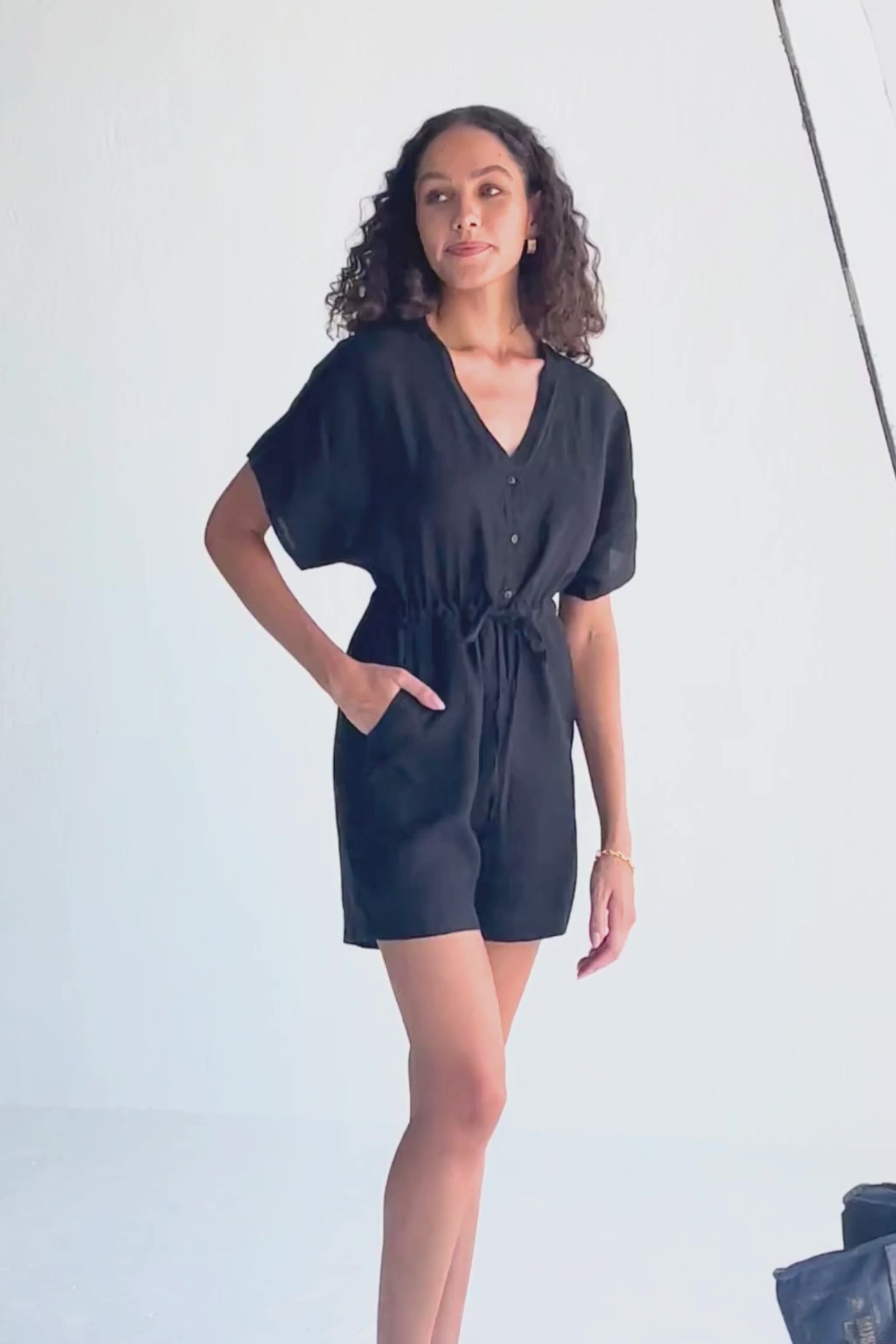 V neck Drawstring Romper in Black