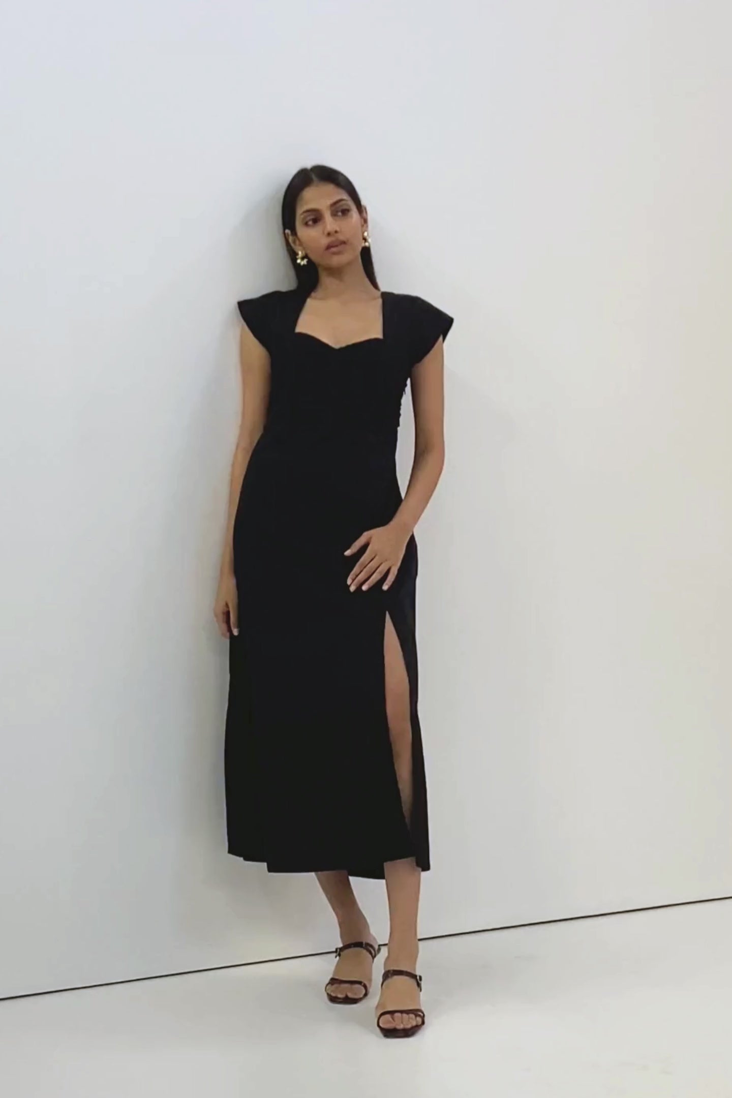 Ruched Dress with Front Slit in Black